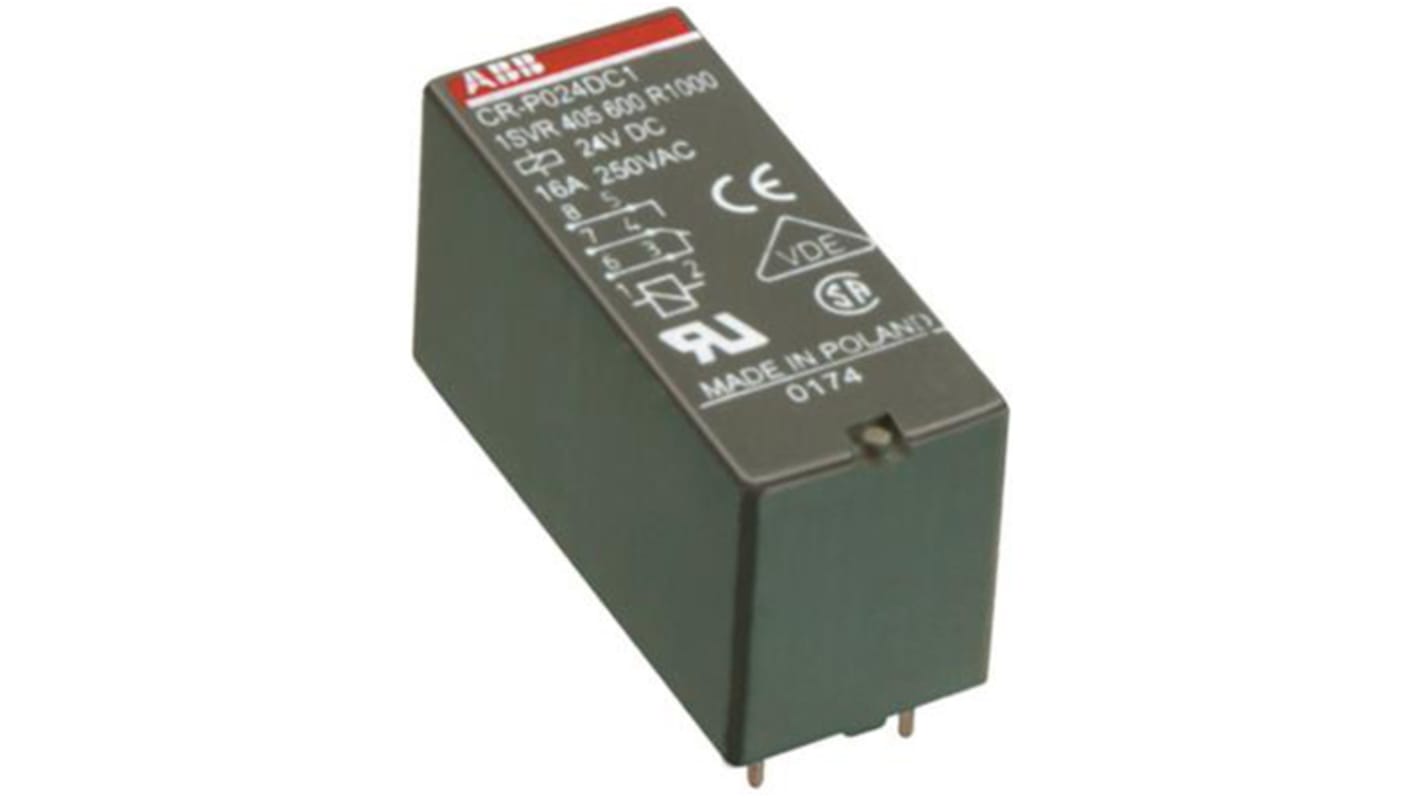 Relè di potenza ABB CR-P110AC2, SPDT, 110V ca, 8A, montaggio a innesto, dimensioni 35 x 35 x 54.4 mm.