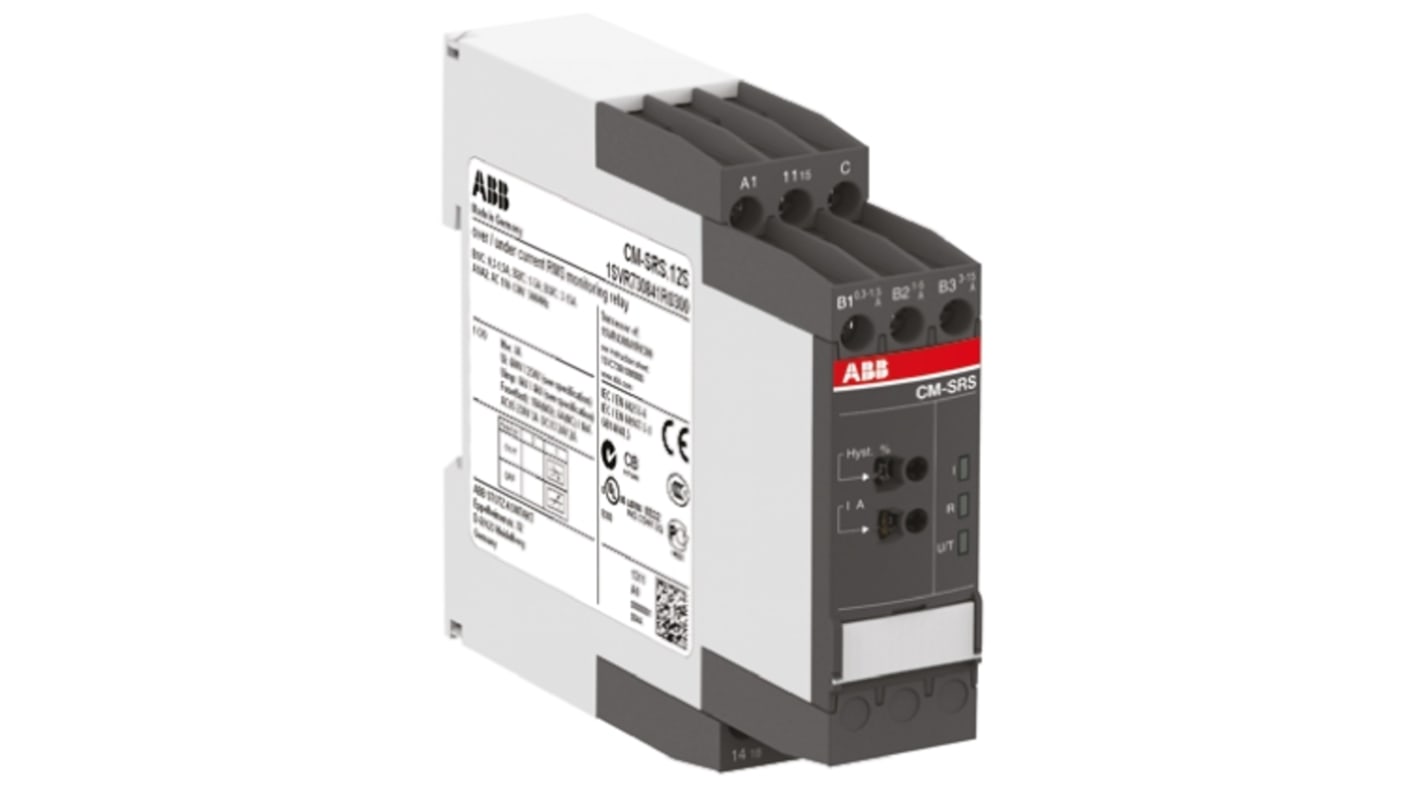 Relè di monitoraggio corrente ABB CM-SRS, SPDT, intervallo 3 mA - 15 A, montaggio su guida DIN, dimensioni 103,7 x 22,5 x 85,6 mm.