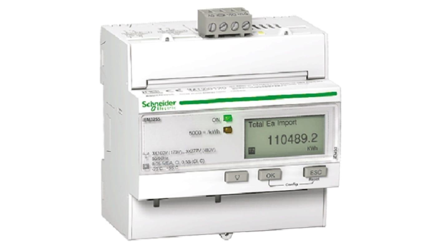 Misuratore di energia trifase Schneider Electric A9MEM3255 con display LCD e uscita a impulsi, serie iEM3200. Ideale per gestione consumo energetico in impianti industriali, domestici e edifici commerciali.