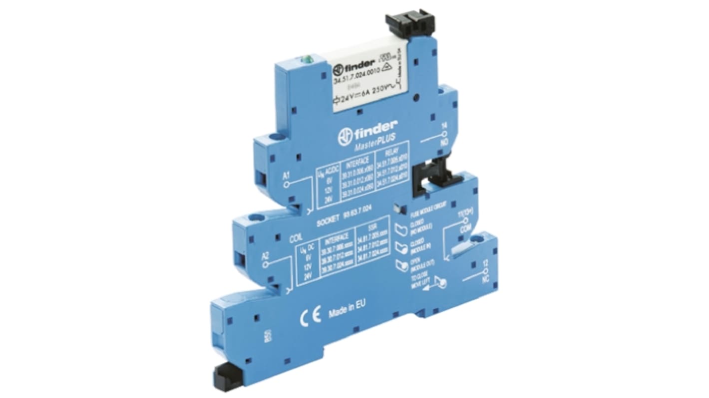 Finder 39.31.3.125.0060, relè d'interfaccia SPDT per guida DIN, tensione 125V, larghezza 6,2 mm, temperatura -40°C/+70°C.