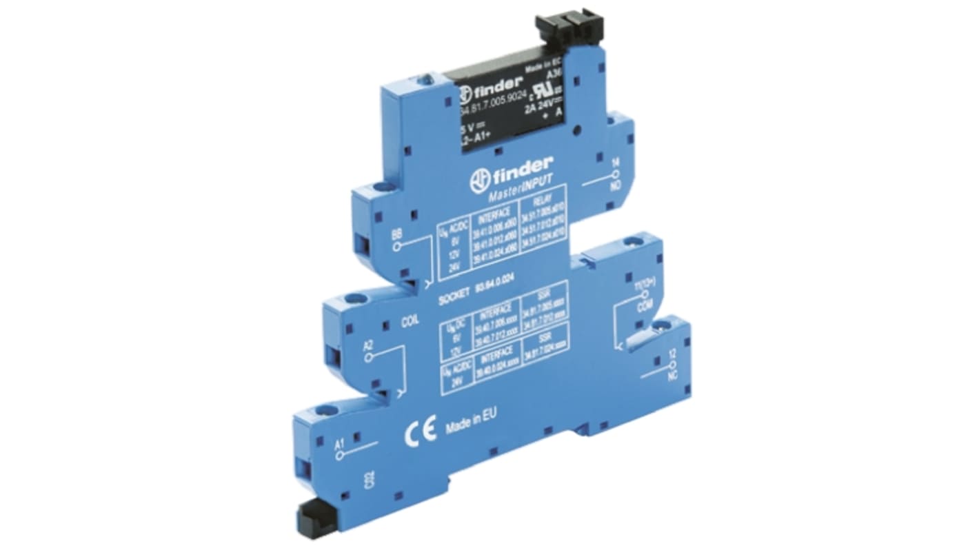 Finder 39.40.7.006.9024, relè d'interfaccia SPST per guida DIN, dimensioni 6,2 mm x 90,7 mm x 94,3 mm, montaggio su guida da 35 mm.