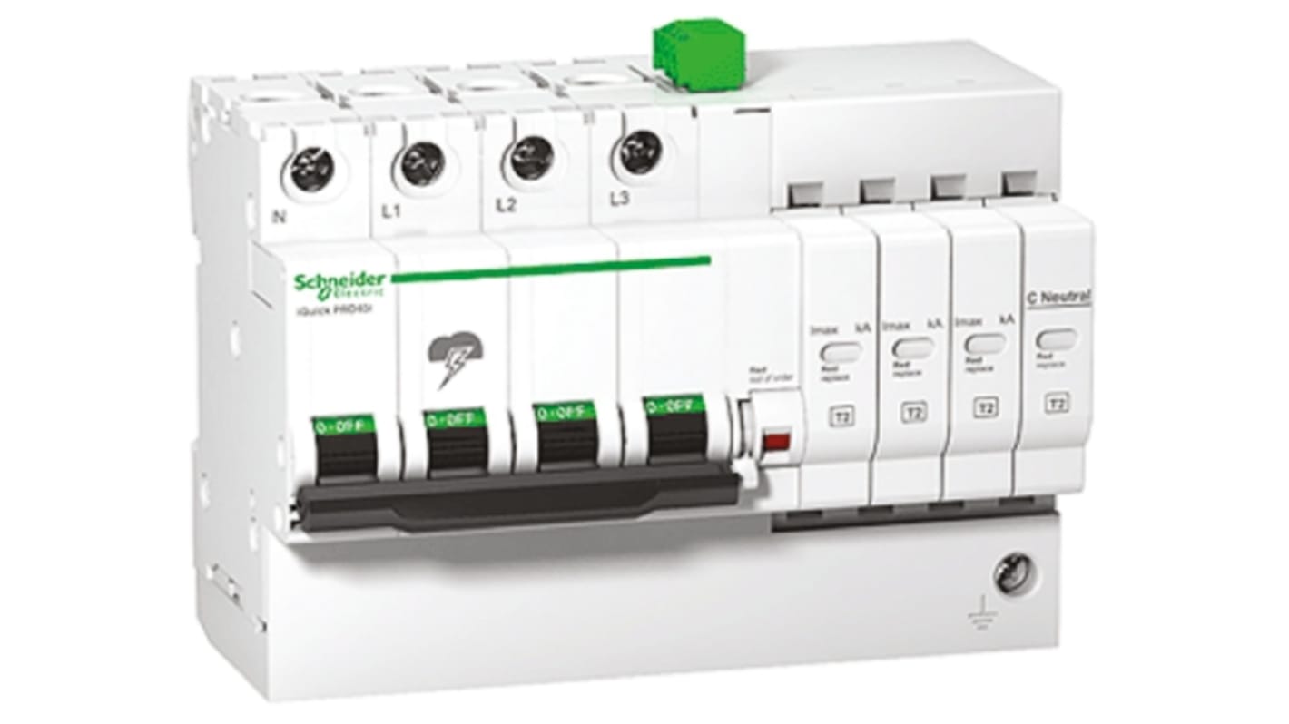 Limitatore di sovratensione Schneider Electric Acti 9 iPRD, montaggio su guida DIN, corrente massima 20kA, dimensioni 94 x 131.5 x 75.9mm.
