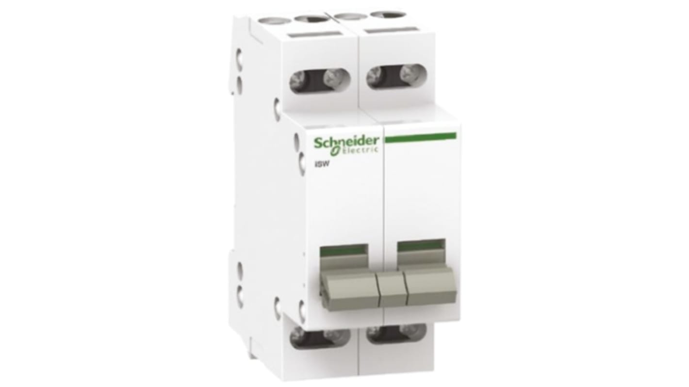 Interruttore di isolamento Schneider Electric A9S65163, 1P, 63A, 240V, con maniglia rotante e indicazione stato. Dimensioni: 18mm x 82mm x 70mm.