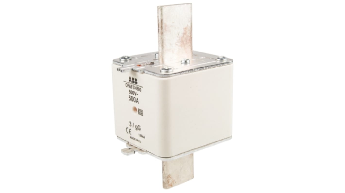Fusibile NH3 ABB OFAF3H500, 500A, 500V, corpo ceramico, linguette centrate, dimensioni 49.5x52.5x20.8 mm.