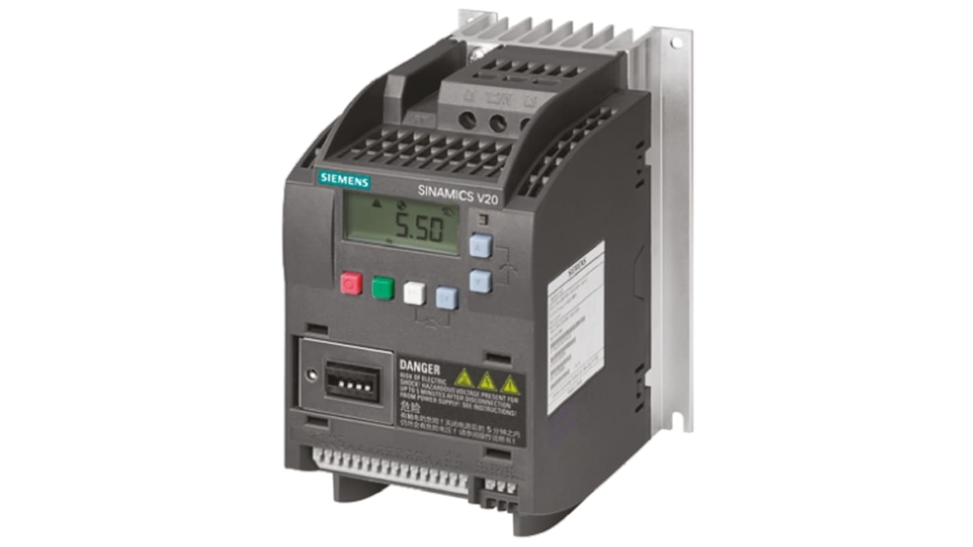 Inverter Siemens 6SL3210-5BE17-5CV0, 0,75 W, 400 V CA, 3 fasi, 0-550Hz per motori elettrici. Resistente, versatile e efficiente.