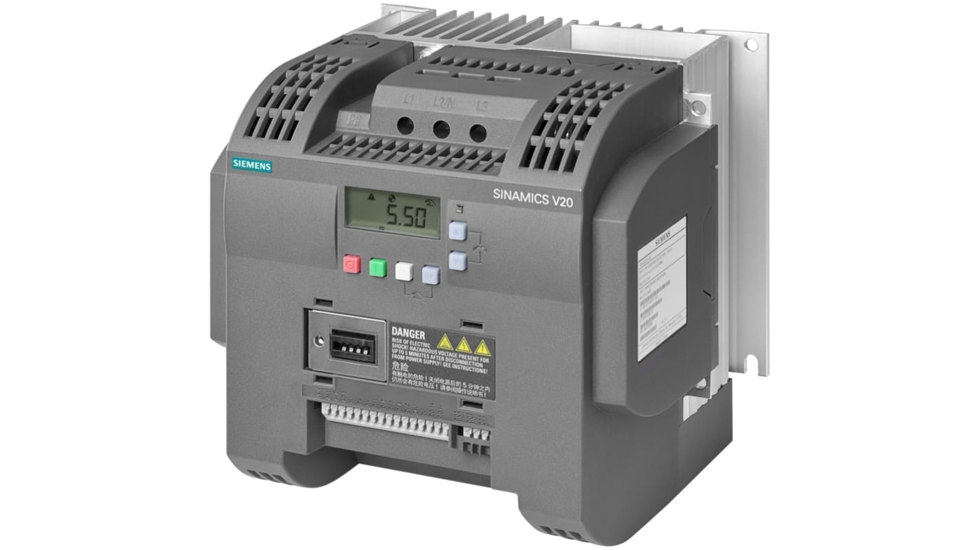 Inverter Siemens 6SL3210-5BE25-5UV0, 5,5 kW, 3 fasi, montaggio a parete, dimensioni 182x184x169 mm, comunicazione Modbus.