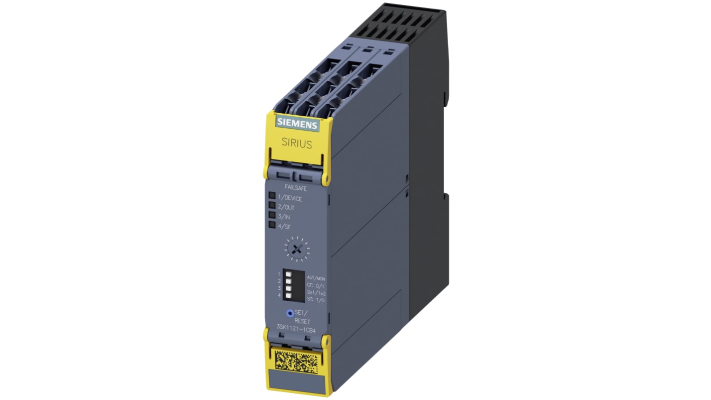 Relè di sicurezza Siemens 3SK1121-1CB41, 24V cc, 1 canale, 4 contatti - Configurabile per monitoraggio avanzato. Ideale per emergenze e porte di protezione.