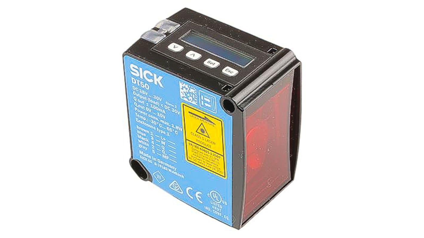 Sensore di distanza Sick DT50-P1123, rettangolare, rilevamento 200 mm - 10 m, montaggio a pannello, IP65.