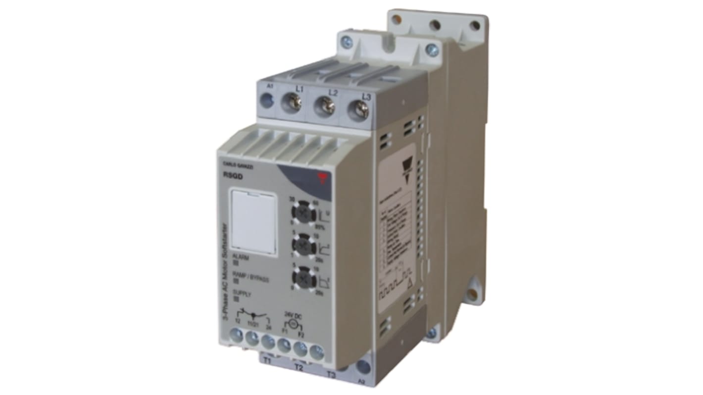 Avviatore soft-start trifase Carlo Gavazzi RSGD4037E0VX20, potenza 9 kW, corrente 37 A, dimensioni 132x45x153.8 mm, grado di protezione IP20.