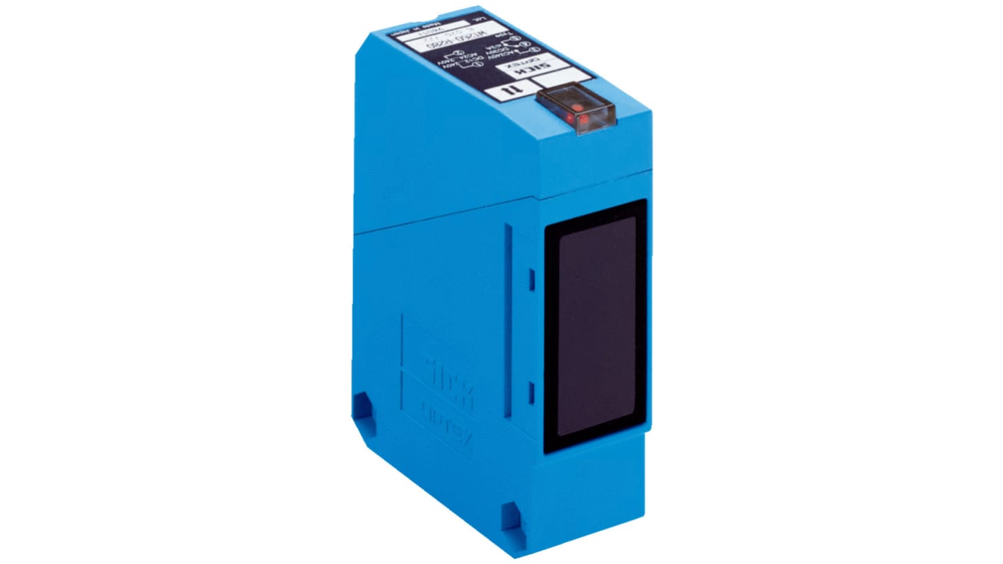 Sensore fotoelettrico rettangolare Sick WT260-S270, rilevamento 5 mm a 1,7 m, uscita relè, grado di protezione IP67.