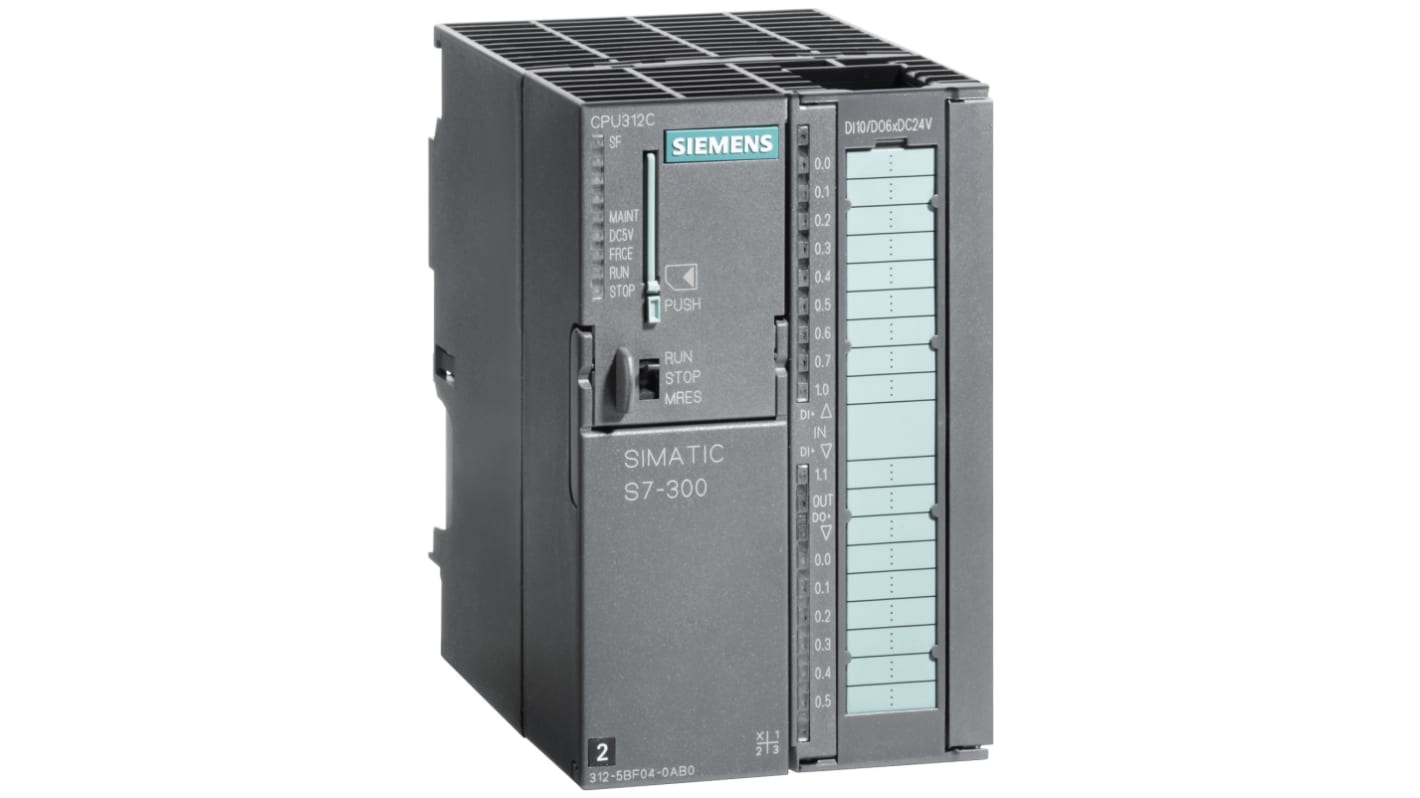Siemens 6ES7312-5BF04-0AB0, CPU PLC per S7-300, 10 ingressi, 6 uscite, montaggio su guida DIN, dimensioni 125 x 80 x 130 mm.