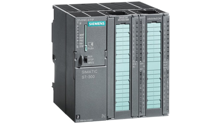 CPU PLC Siemens 6ES7314-6BH04-0AB0, compatta, 24 ingressi digitali, montaggio su guida DIN, dimensioni 125 x 120 x 130 mm.