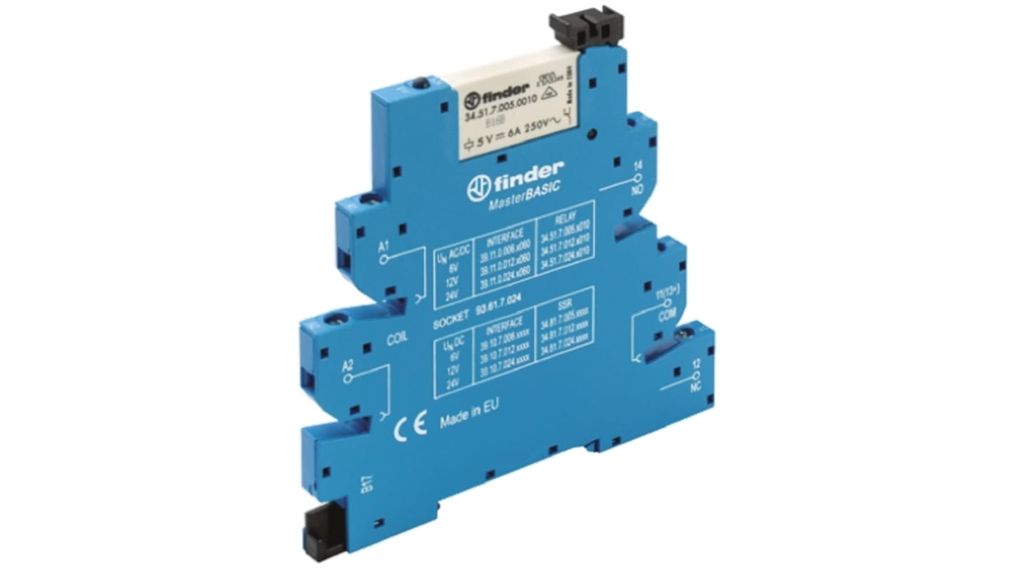Finder 39.11.8.230.0060, relè d'interfaccia per guida DIN, contatti SPDT, dimensioni 6.2 x 90.7 x 87 mm.