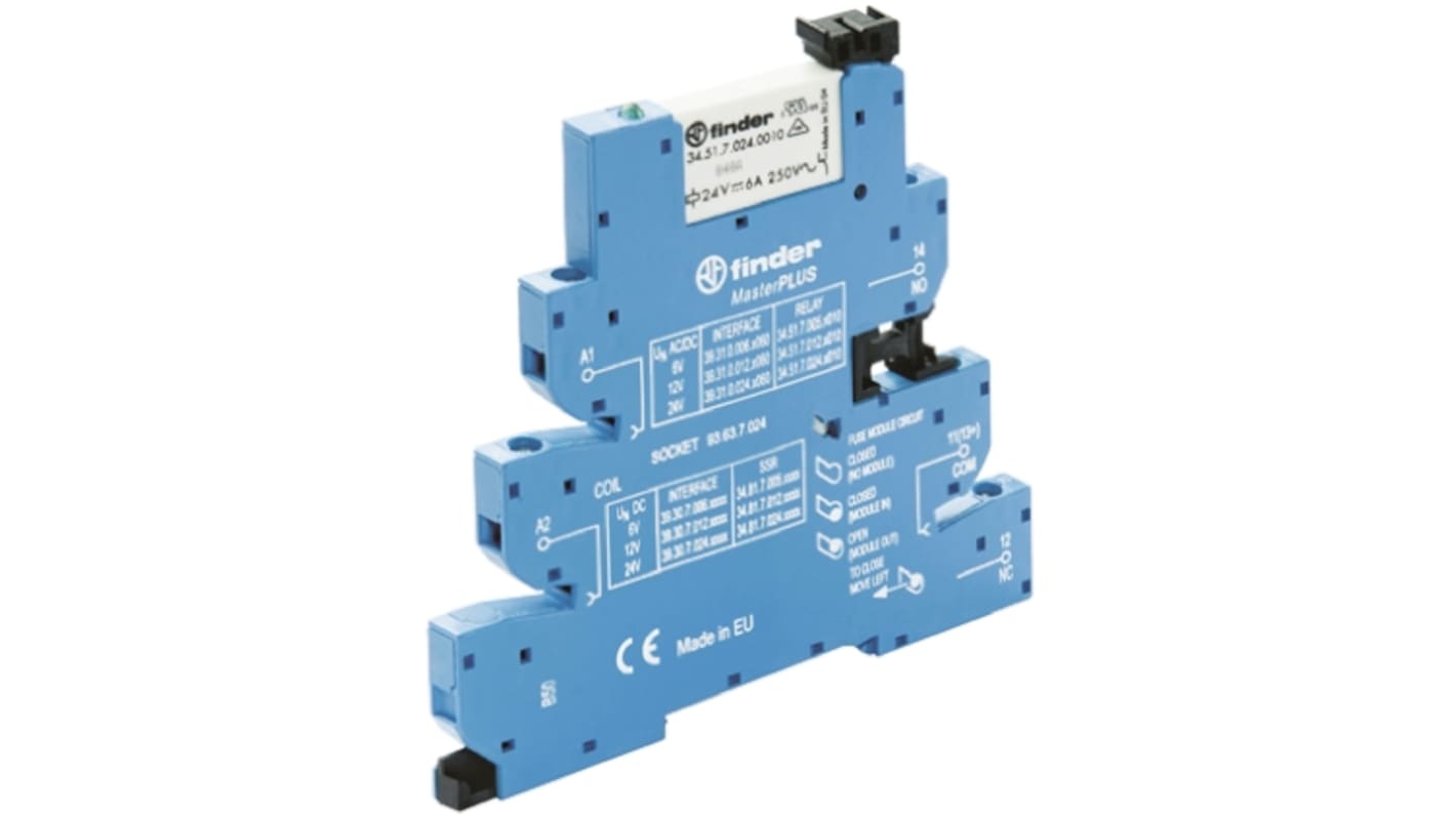 Finder 39.31.3.230.0060, relè d'interfaccia per guida DIN, bobina 230V, contatti SPDT, dimensioni 85 x 6.2 x 94.3 mm.