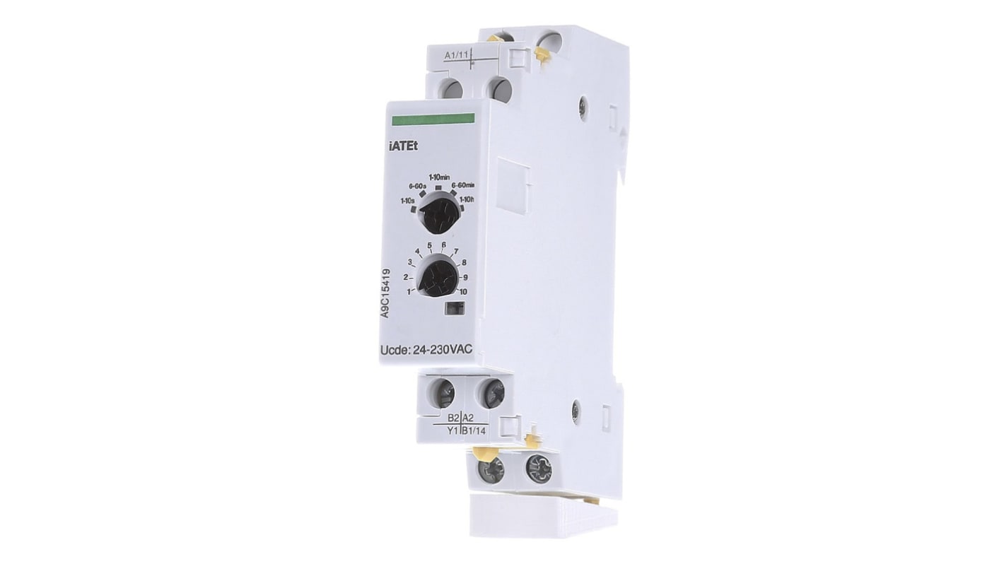 Contatto ausiliario Schneider Electric A9C15419 per contattori Acti9 - Serie iATET - Montaggio su guida DIN - Tensione nominale 12-48V ca - Gestione posizione contatti, sovratensioni e ritardi.