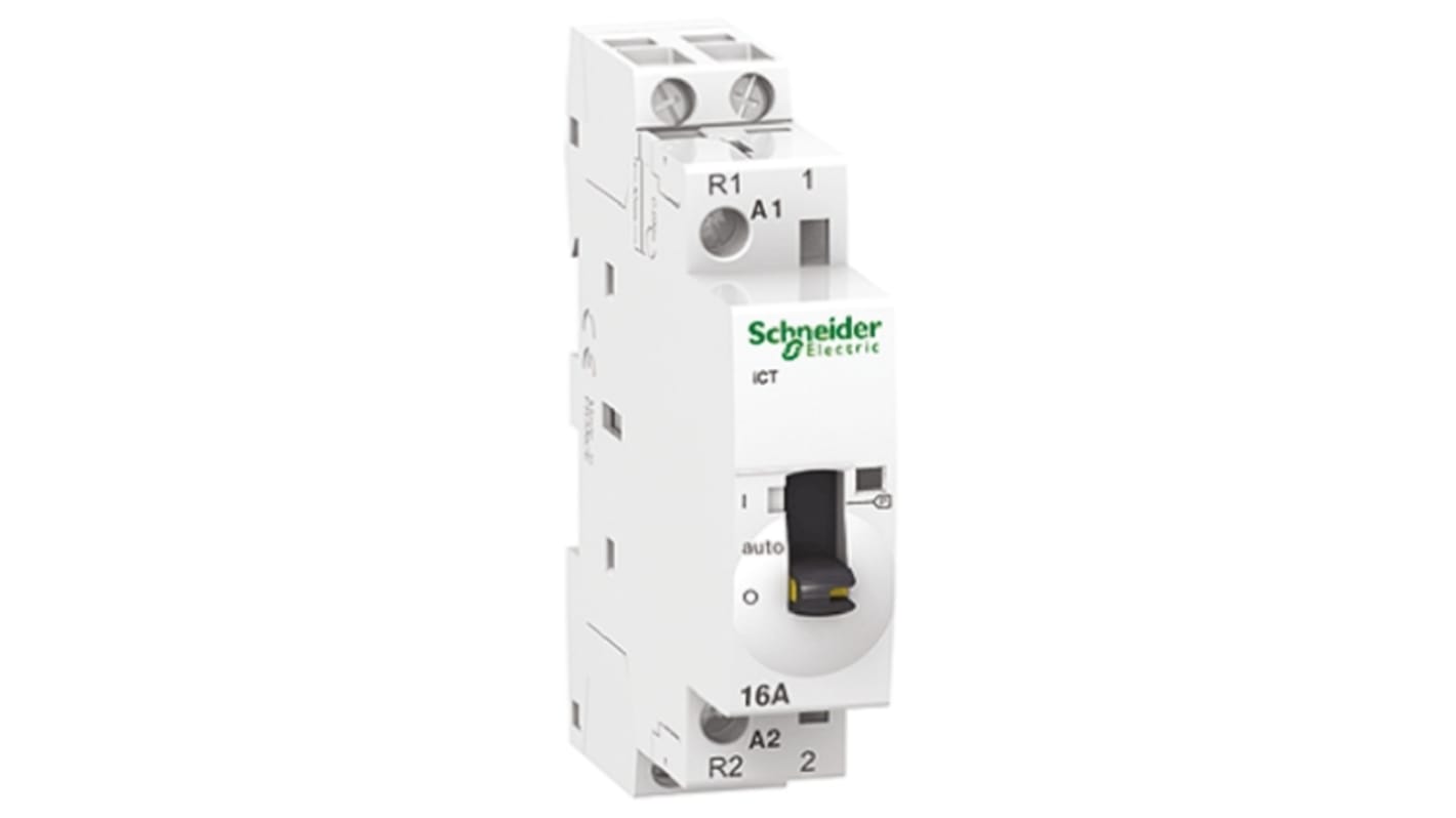 Contattore Schneider Electric A9C23715, 2 poli, 1 NO + 1 NC, montaggio su guida DIN, dimensioni 18 mm x 81 mm x 73 mm.