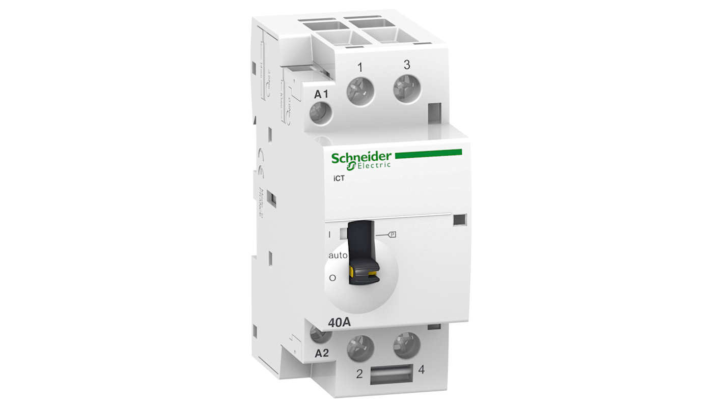 Contattore Schneider Electric A9C21142, 2 poli, 40 A, bobina 24 V c.a., montaggio su guida DIN, dimensioni 36x85x73 mm.