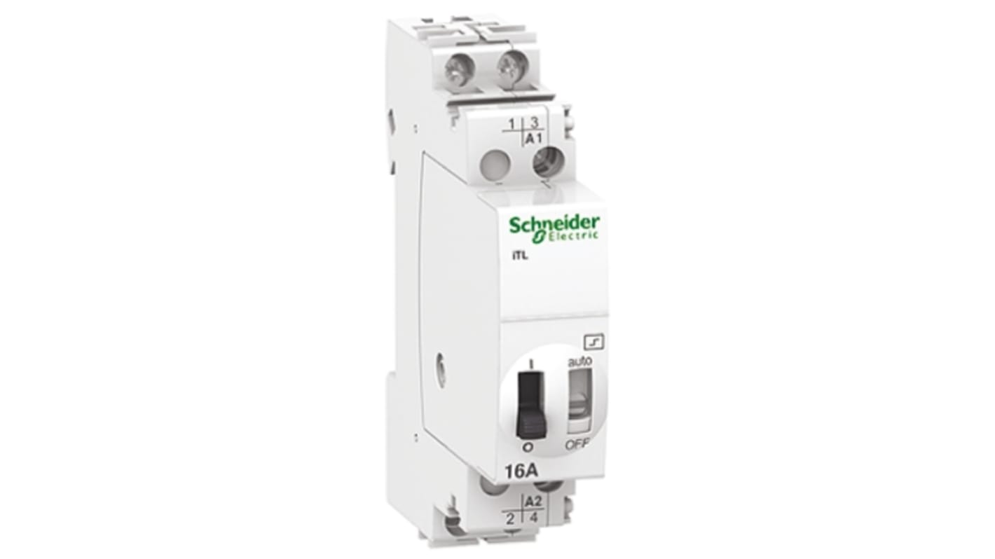 Relè di potenza Schneider Electric A9C30212 DPST, bobina 24 V dc, 48V ca, Guida DIN. Controllo circuiti di illuminazione con impulso e consumo energetico nullo.