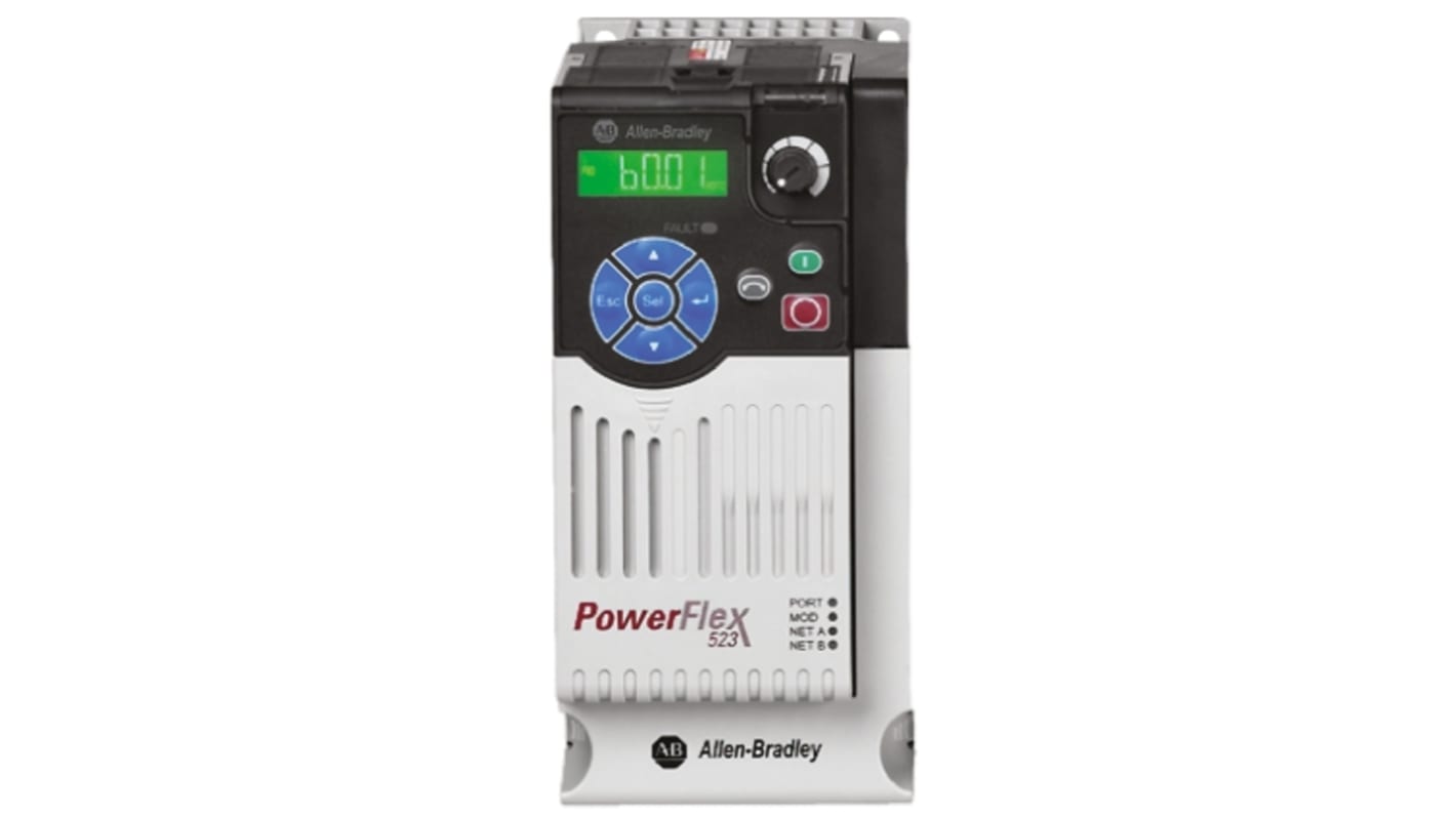 Allen Bradley 25A-D010N114, inverter trifase PowerFlex 523, 4 kW, 400 V, IP20, dimensioni 180x172x87 mm, montaggio affiancato.