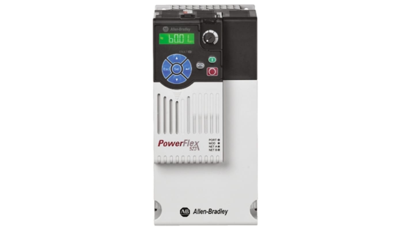 Inverter trifase Allen Bradley 25A-D013N114, potenza 5,5 kW, corrente 13 A, dimensioni 220x109x184 mm, IP20, montaggio affiancato.