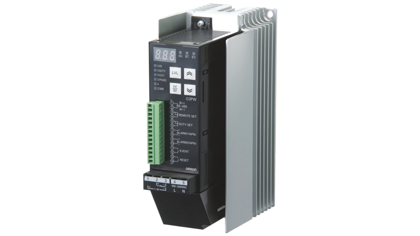 Omron G3PW-A245EU-S, regolatore di potenza monofase su guida DIN, ingresso 1-5 V dc, uscita 30 V cc, display a 7 segmenti.