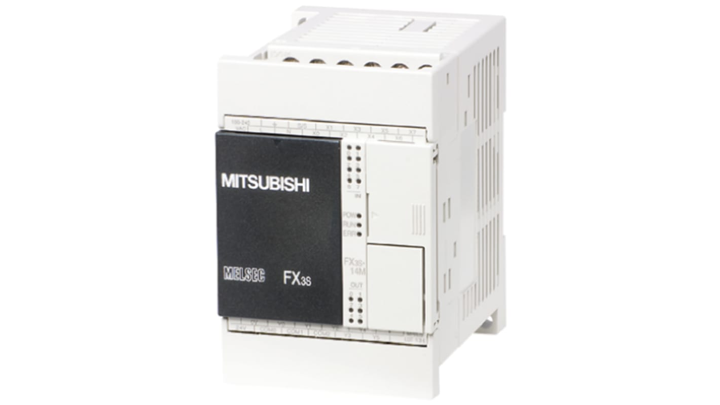 Mitsubishi Electric FX3S-14MT/ESS, CPU PLC con 14 I/O, montaggio a parete, dimensioni 60 x 75 x 90 mm, alimentazione 100-240 V.