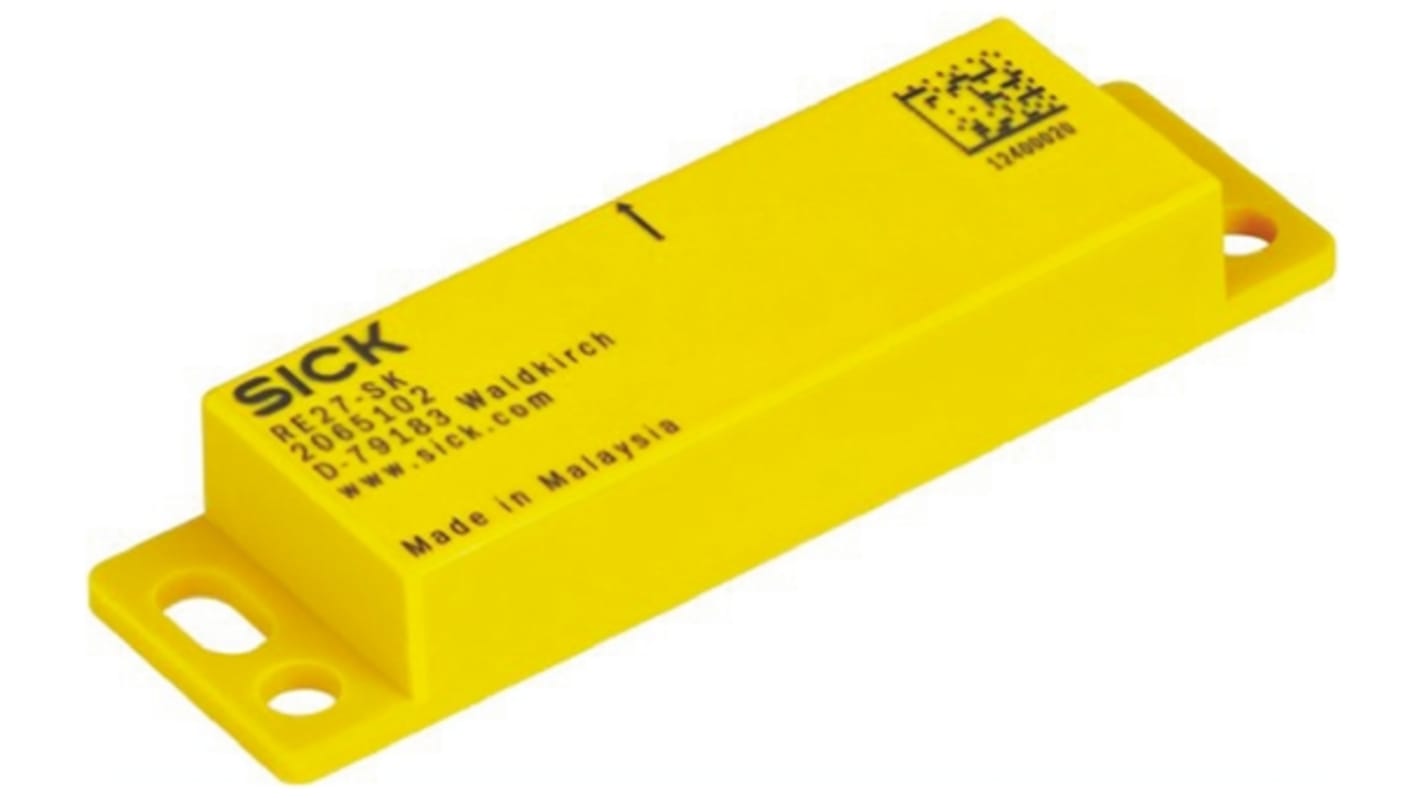 Interruttore di sicurezza senza contatto Sick RE27-SK, con contatti NC/NO, grado di protezione IP67, dimensioni 37 mm x 15 mm.