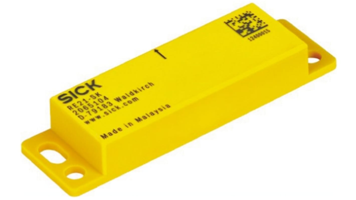 Interruttore di sicurezza senza contatto Sick RE21-SK, dimensioni 37 mm x 15 mm, grado di protezione IP67, indicatore LED integrato.