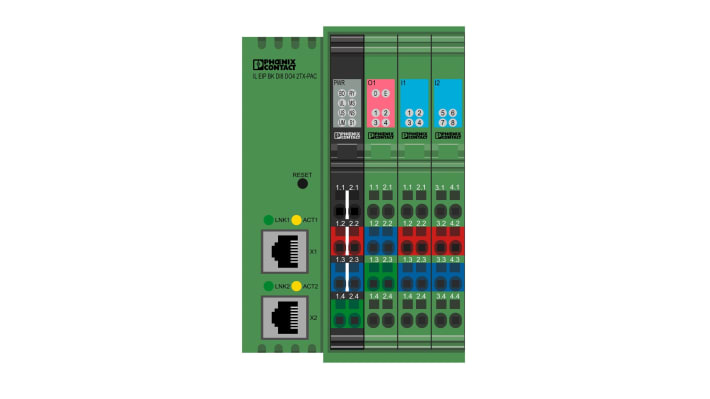 Accoppiatore bus Phoenix Contact 2897758, serie IL EIP BK, 8 ingressi e 4 uscite digitali, montaggio su guida DIN, IP20.