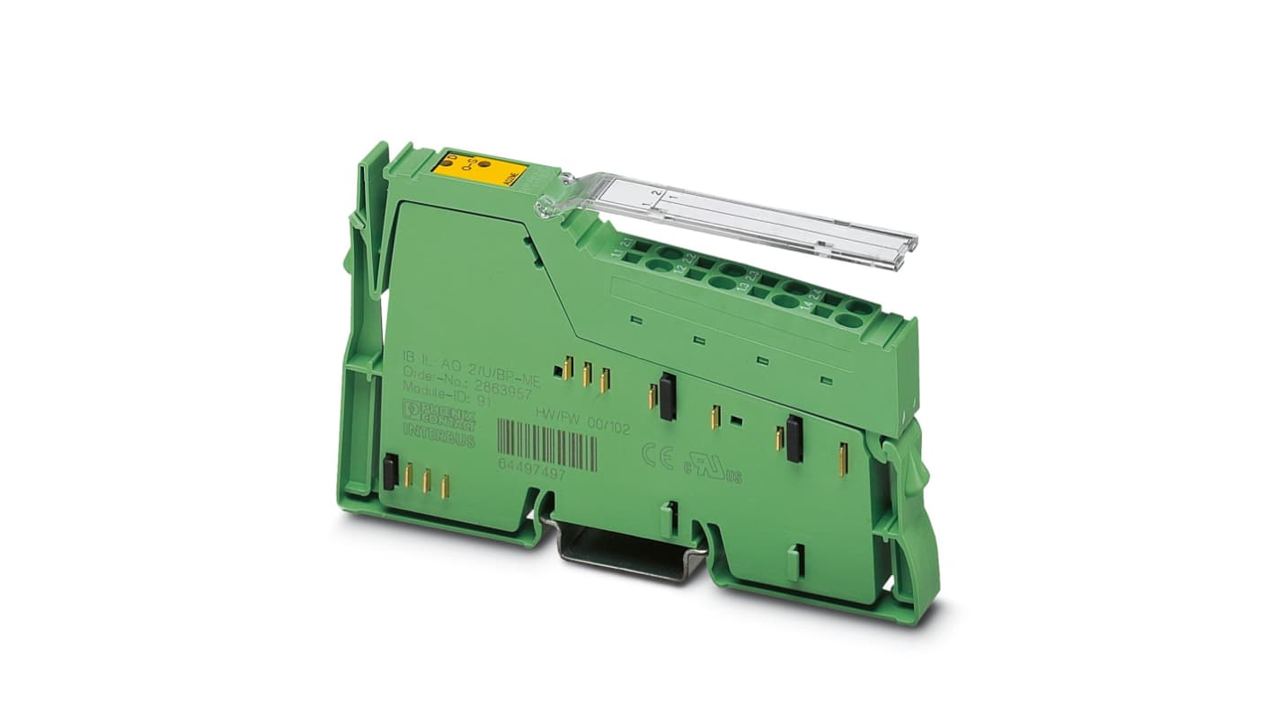 Morsettiera Phoenix Contact 2863957, serie IB IL AO, con 2 uscite analogiche, tecnologia a 2 o 3 fili, dimensioni 119,8 x 12,2 x 71,5 mm.