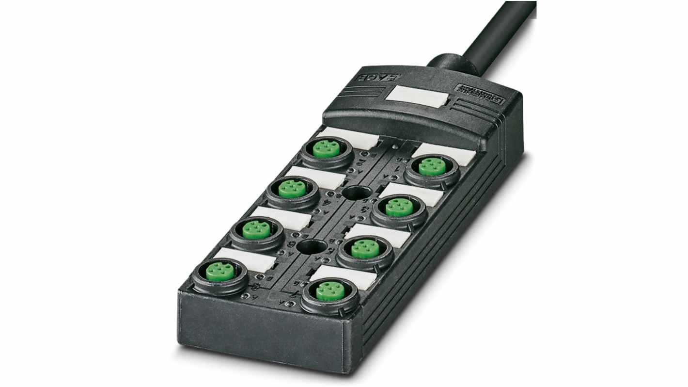 Scatola sensore Phoenix Contact 1452550, 8 porte M12, cavo 10 m, LED stato I/O, custodia PBT, attacco rapido su molla.