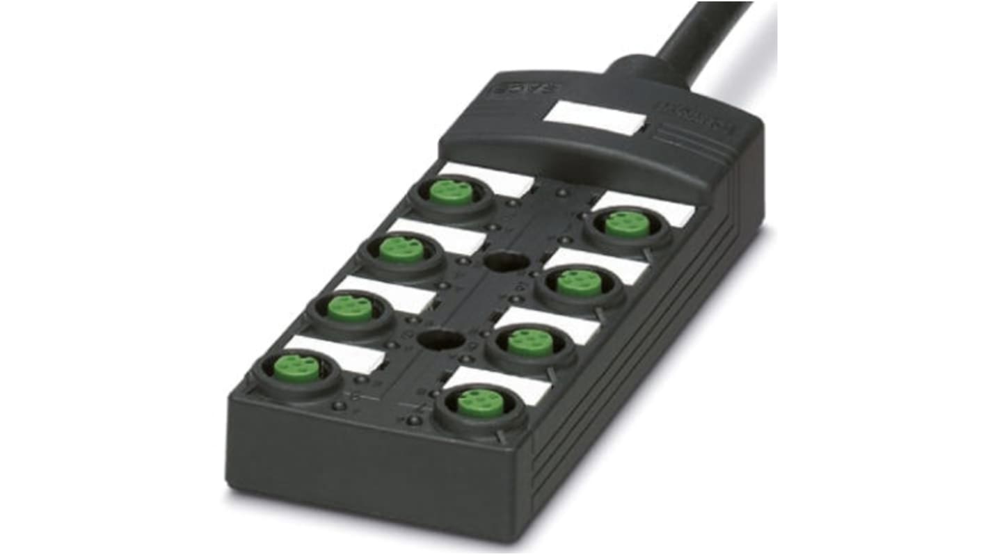 Scatola sensore Phoenix Contact 1452709, 8 porte M12, connettore ad attacco rapido per sensori e attuatori. LED per stato I/O.