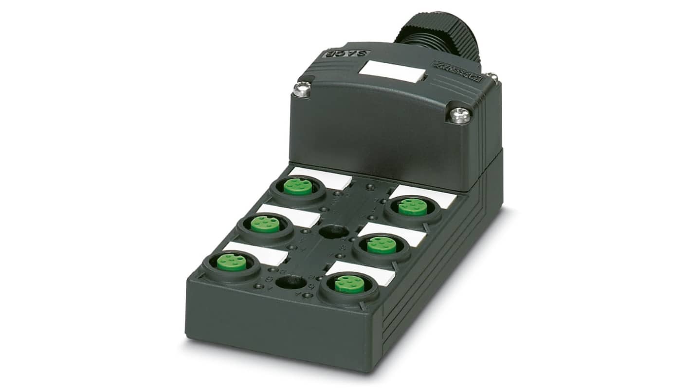 Scatola sensore Phoenix Contact 1452767, 6 porte M12, orientamento diritto, con terminazione SPEEDCON per assemblaggio rapido.