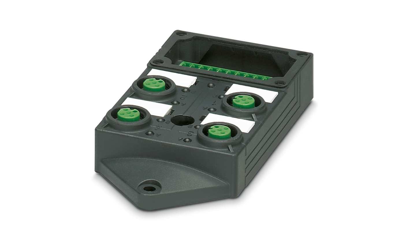 Scatola sensore Phoenix Contact 1452864, 4 porte M12, orientamento diritto, connettori SPEEDCON per assemblaggio rapido.