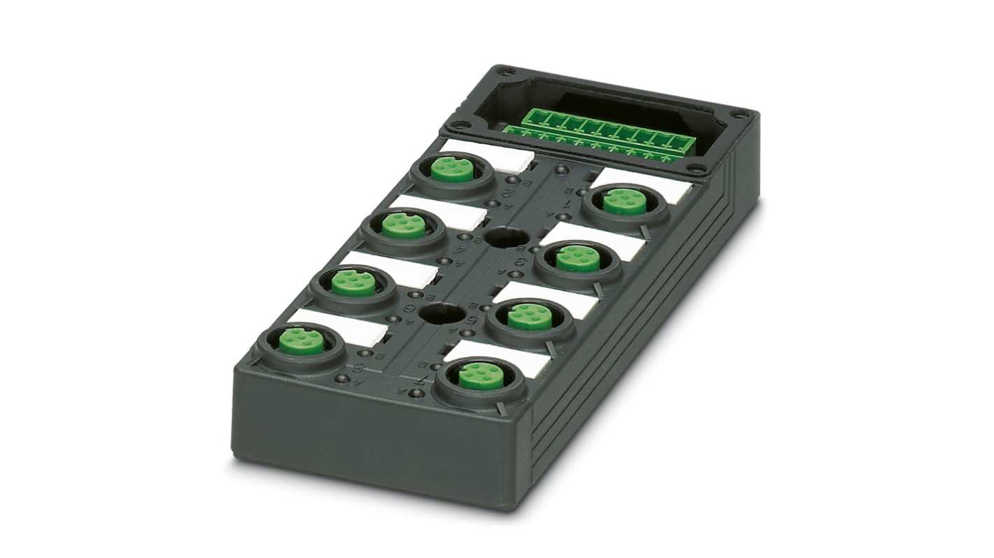 Phoenix Contact 1452903, scatola sensore 8 porte M12, orientamento diritto, materiale PBT, terminazione SPEEDCON per collegamenti rapidi.