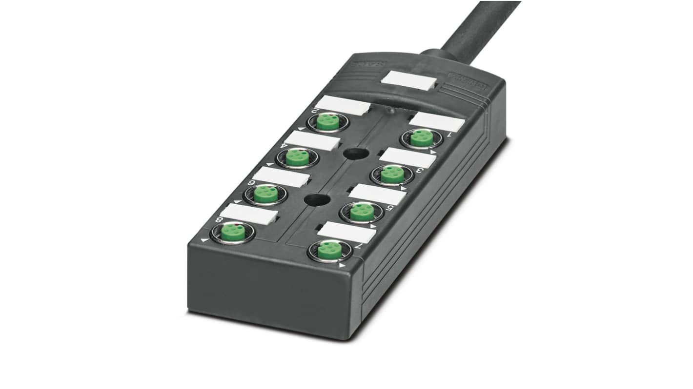 Scatola sensore Phoenix Contact 1517068, 8 porte M12, cavo 5 m, grado di protezione IP69K, resistenza a -40/+90 °C.