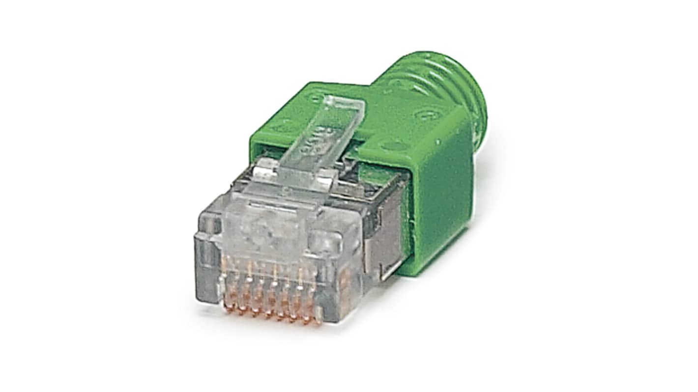 Connettore maschio RJ45 schermato Phoenix Contact 2744856, serie FL PLUG, per cavi rigidi o flessibili, colore grigio e verde.