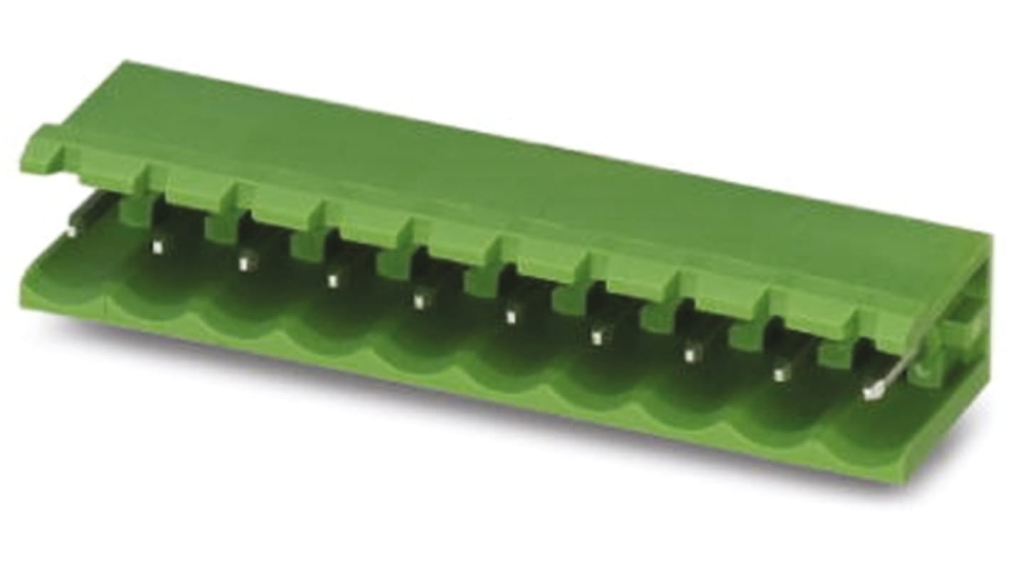 Connettore PCB Phoenix Contact 1754559, 8 vie, passo 5.0mm, per morsettiere MTSB, MTSBA e MSTBW. Protezione su 2 o 4 lati, terminazione saldatura, verde.