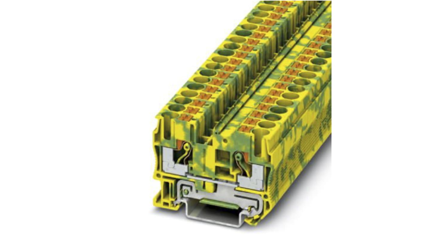 Morsettiera di terra Phoenix Contact PT 6-PE, Verde/Giallo, 20-8AWG, 8kV - Certificata ATEX per impianti industriali.