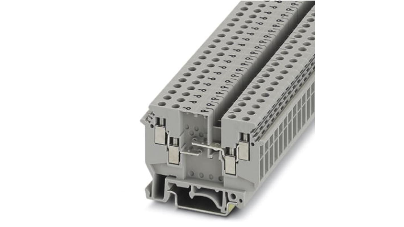 Morsettiera DIN Phoenix Contact 2775207 grigio, 32A, 4 collegamenti, filettatura M3. Ideale per sistemi HVAC e controlli di illuminazione.