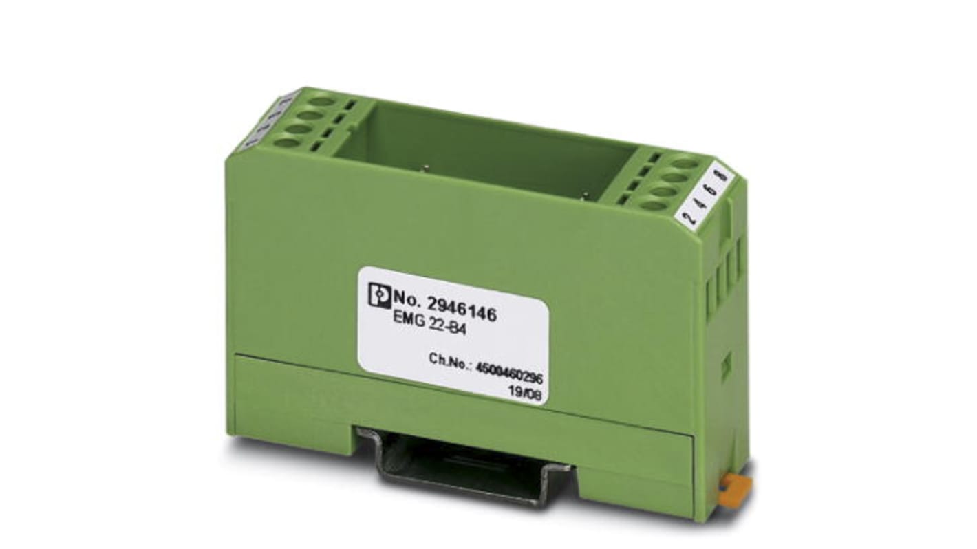 Contenitore elettronico Phoenix Contact EG/EMG 2946146, verde, guida DIN 35mm, posizioni multiple. Ideale per montaggio sicuro e veloce.