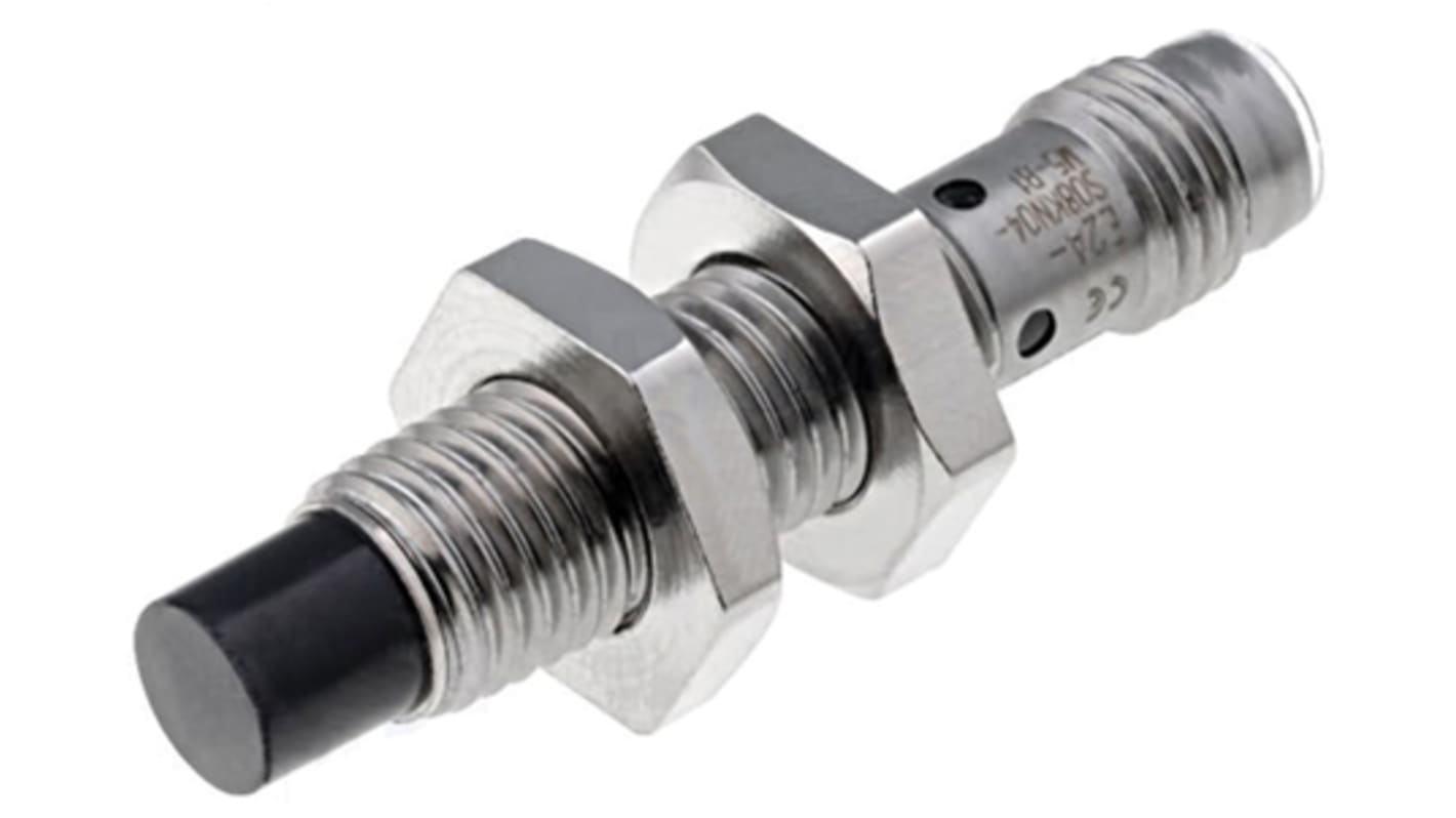 Omron E2A-S08KN04-M5-B2, sensore di prossimità cilindrico PNP M8, rilevamento 4 mm, IP67, acciaio inox, 12-24 V c.c.