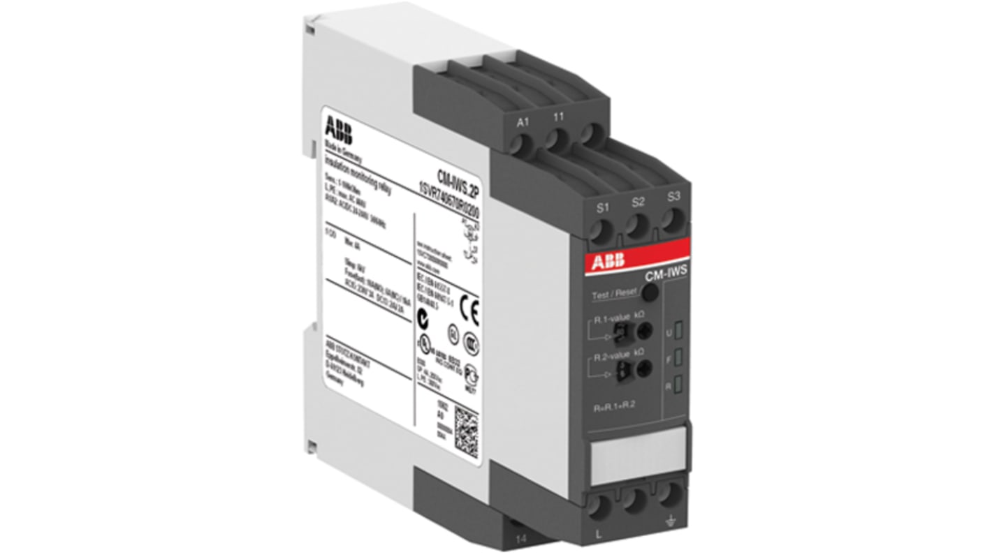 Relè di monitoraggio isolamento ABB CM-IWS, tensione 24-240 V, intervallo 1-100 kΩ, montaggio su guida DIN, dimensioni 103.7 x 22.5 x 85.6 mm.