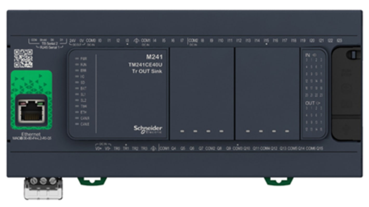 Schneider Electric TM241CE40R, CPU PLC Modicon M241, 40 I/O, montaggio su guida DIN, dimensioni 190 x 95 x 90 mm.