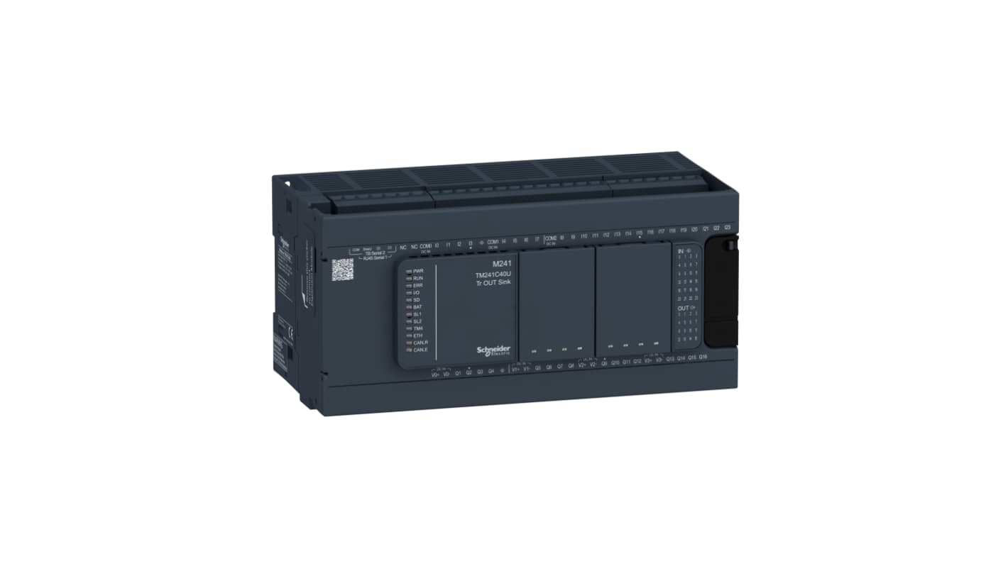 Schneider Electric TM241C40U, CPU PLC Modicon M241, 40 I/O, montaggio su guida DIN, dimensioni 190 x 95 x 90 mm.