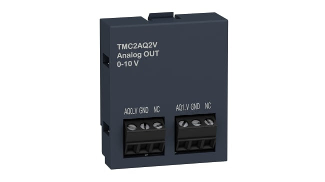 Modulo I/O Schneider Electric TMC2AQ2V per PLC Modicon M221, 2 uscite analogiche, montaggio senza utensili, dimensioni 41 x 35 x 15 mm.