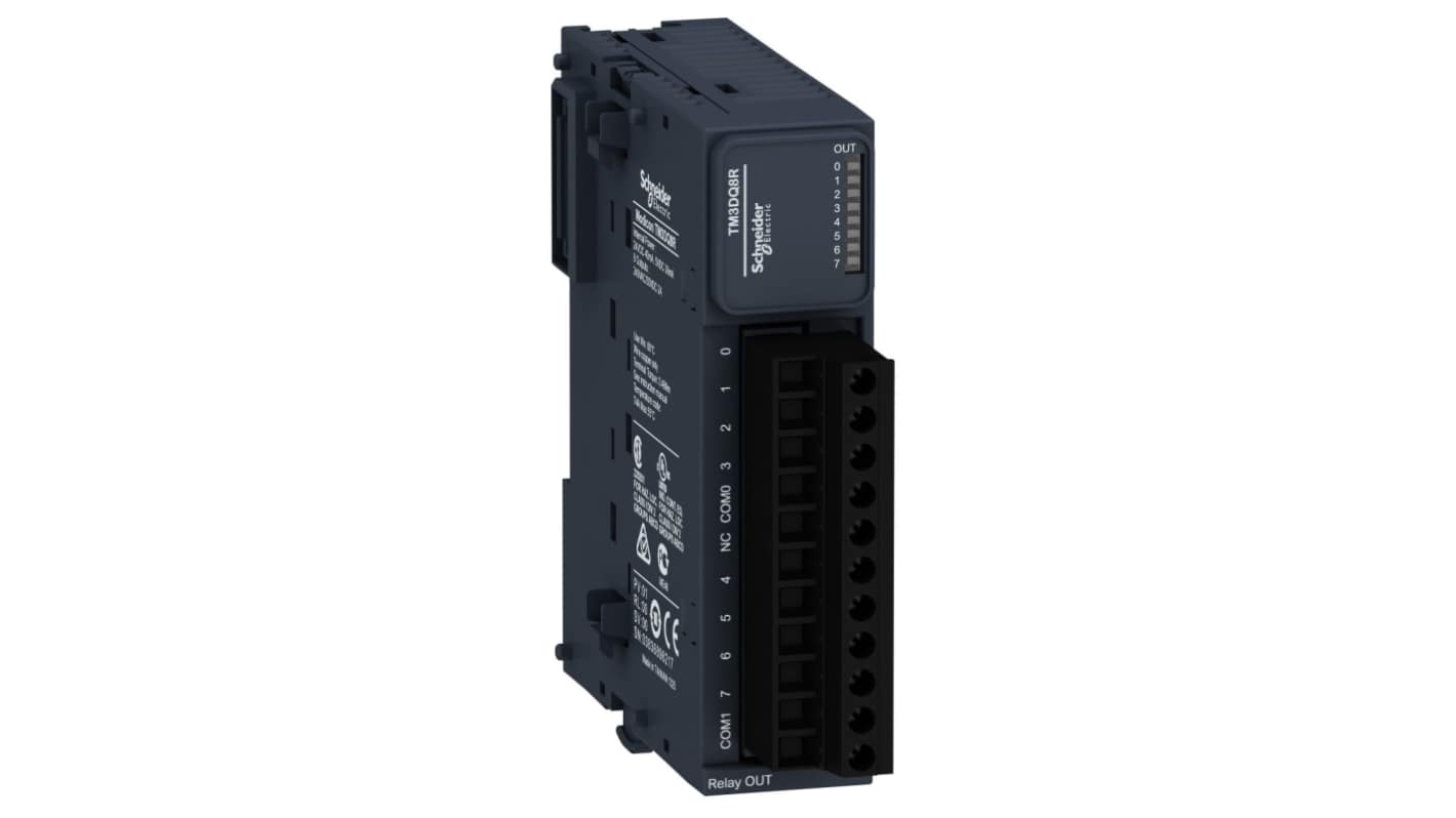 Modulo I/O digitale Schneider Electric TM3DQ8R, 8 uscite relè, compatibile con Modicon M221, M241 e M251, dimensioni 90 x 23,6 x 70 mm.