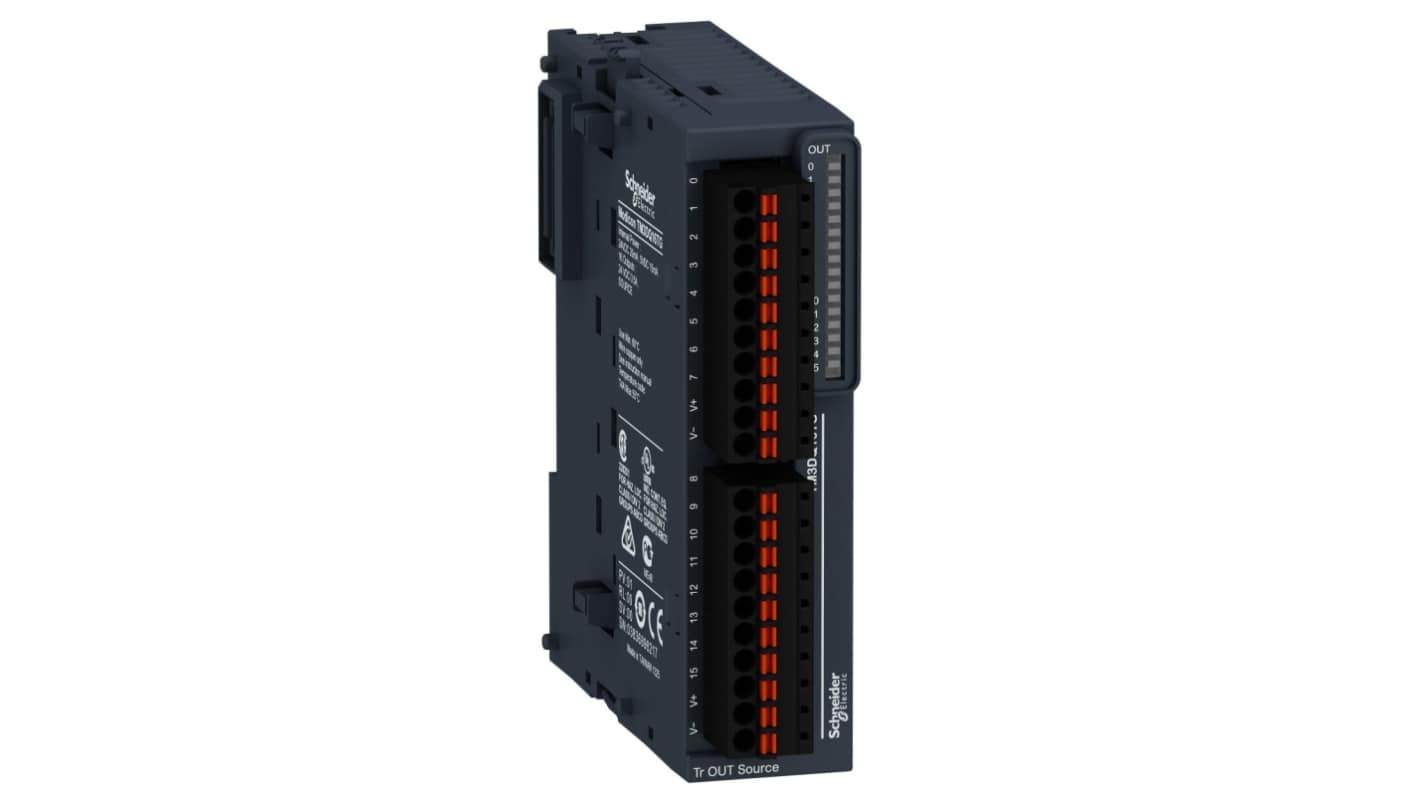 Modulo I/O digitale Schneider Electric TM3DQ16TG, 16 uscite transistor, compatibile con Modicon M221, M241 e M251. Dimensioni 90 x 23,6 x 70 mm.