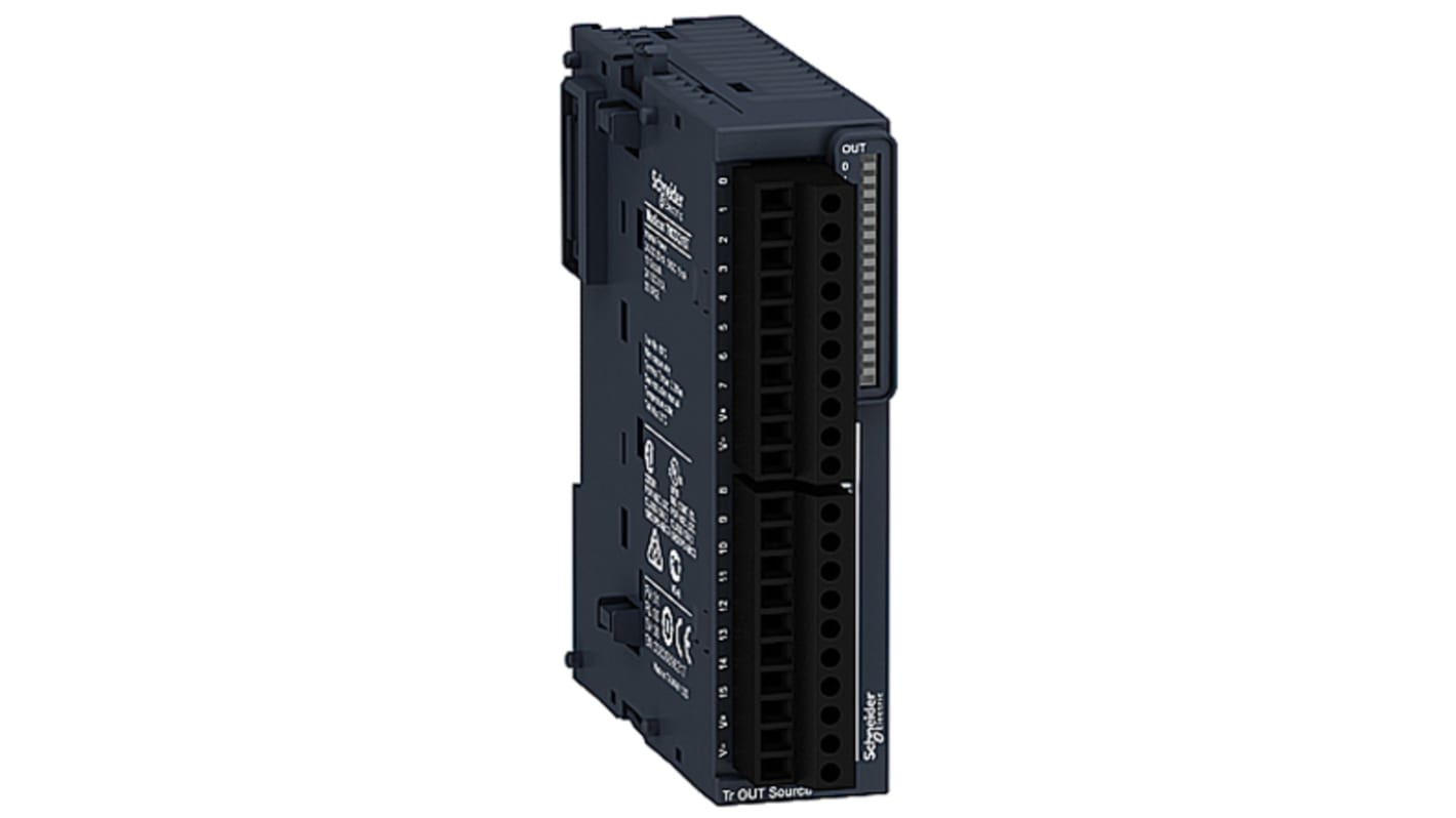 Modulo I/O PLC Schneider Electric TM3DQ16T per Modicon M221, M241 e M251 - 16 uscite digitali transistor, 500 mA, dimensioni 90 x 23,6 x 70 mm.