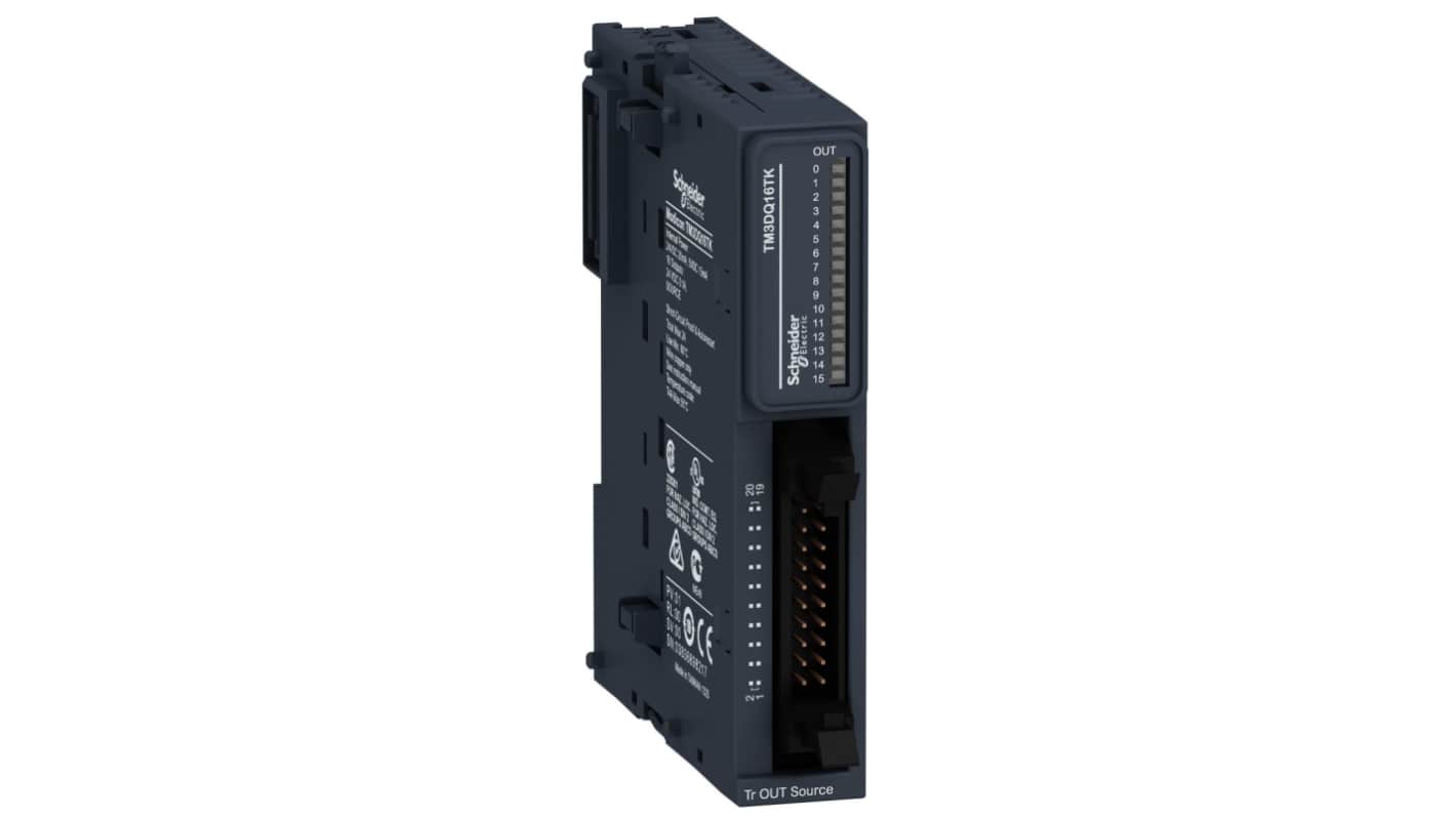 Modulo I/O PLC Schneider Electric TM3DQ16TK, 16 uscite transistor, compatibile con Modicon M221, M241, M251. Dimensioni 90 x 17,6 x 70 mm.